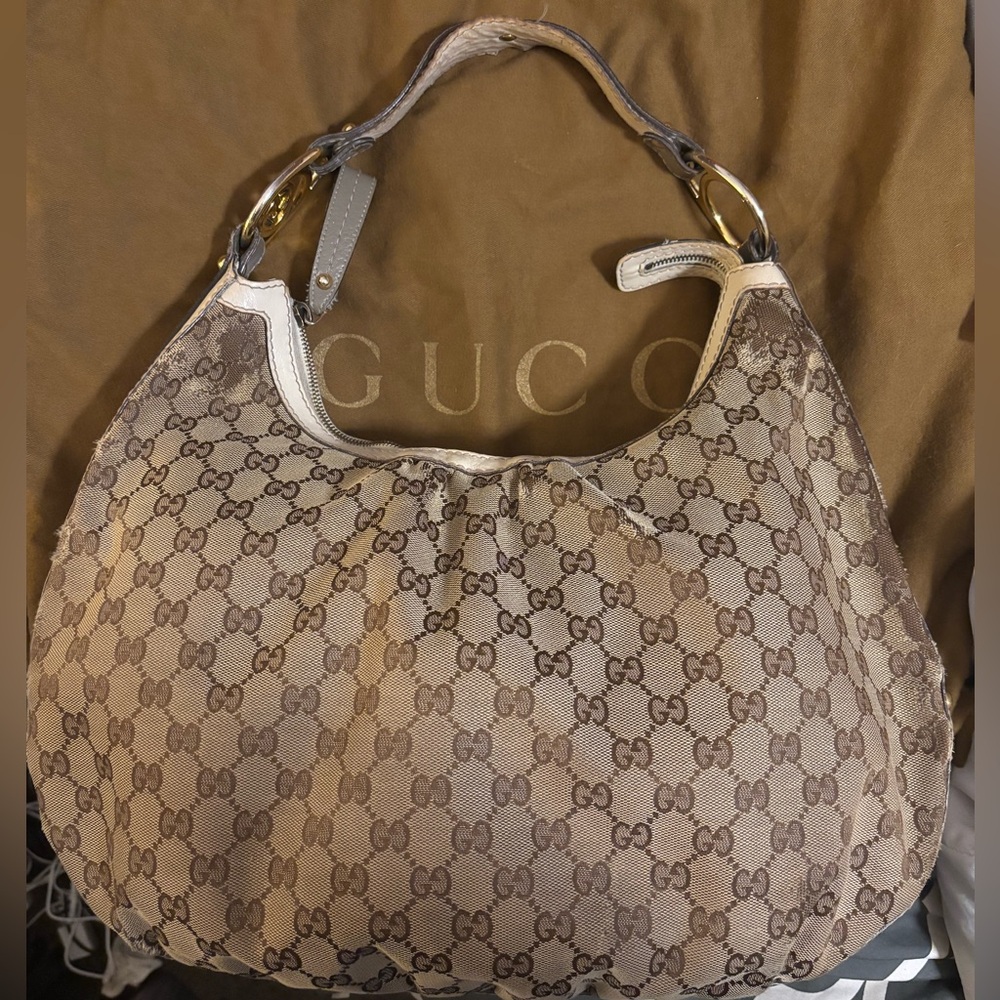 Gucci Beige Monogram Shoulder Hobo Bag